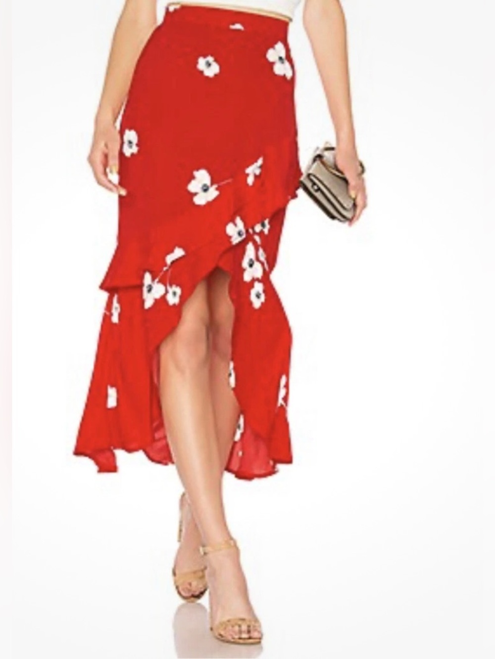 Bardot Frieda Ruffle High-Low Midi Skirt in Poppy Red Floral XS